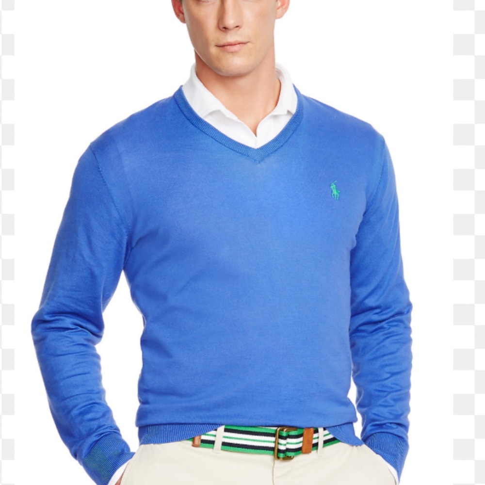 Ralph Lauren blue puma cotton v-neck sweater.
